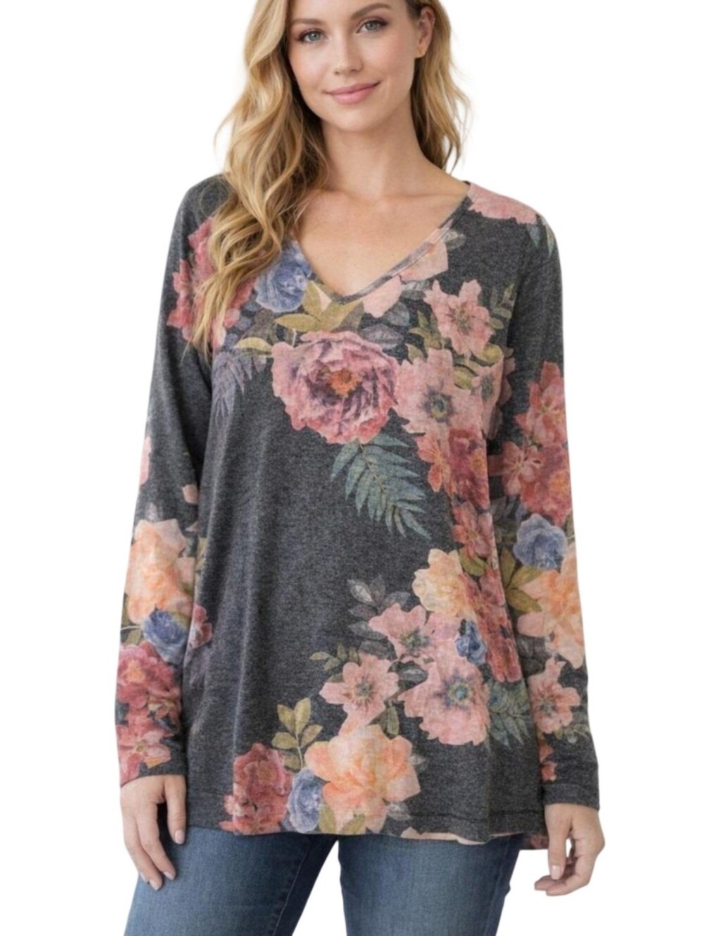 Soft Surroundings Women's Floral V-Neck Long Sleeve Top Charcoal Pink Floral M